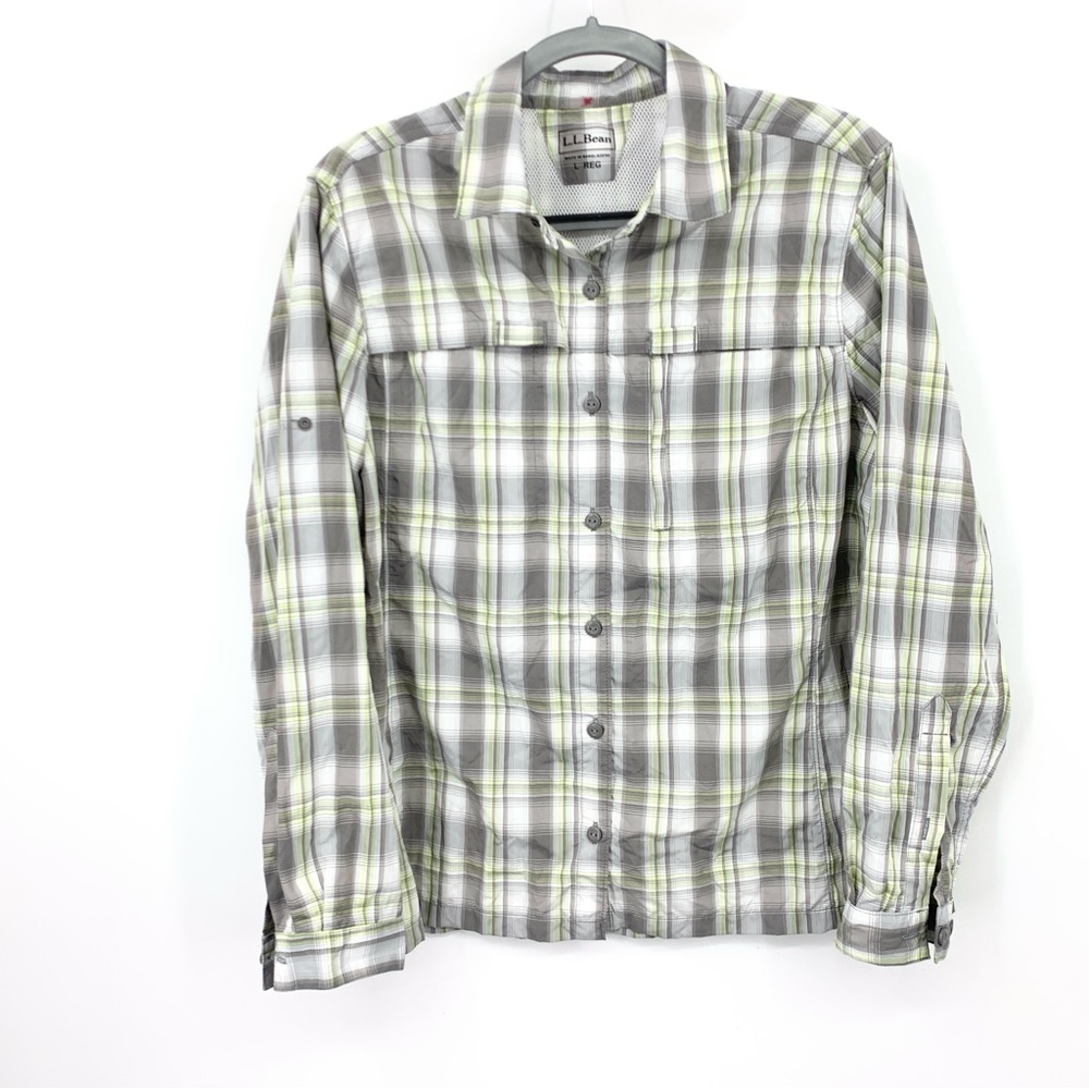 LL Bean Women Size Large Shirt Button Down Top Gray White Plaid Vented Nylon